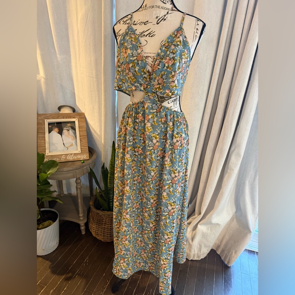 SHEIN Floral Cutout Maxi Dress - Blue and Yellow